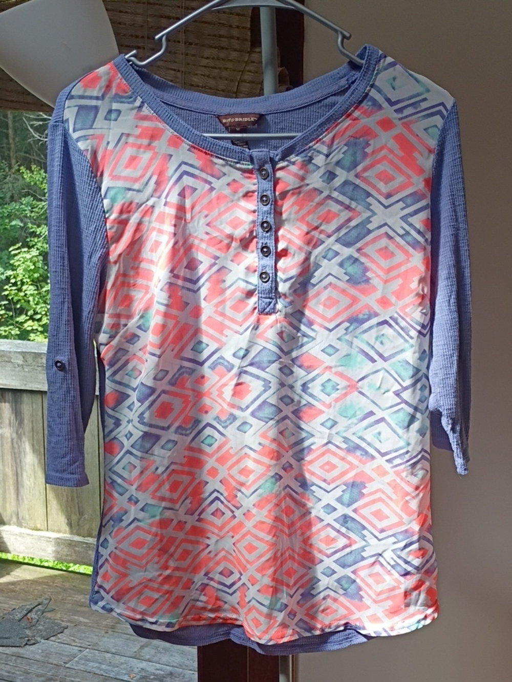 Bit & Bridle Coral and Blue Geometric Henley Long Sleeve Top